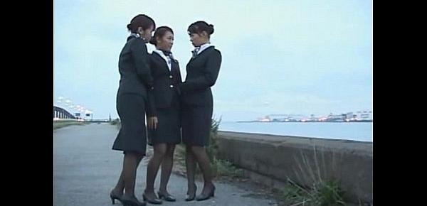  3 Japanese Lesbian Airline Stewardess Girls Kissing!